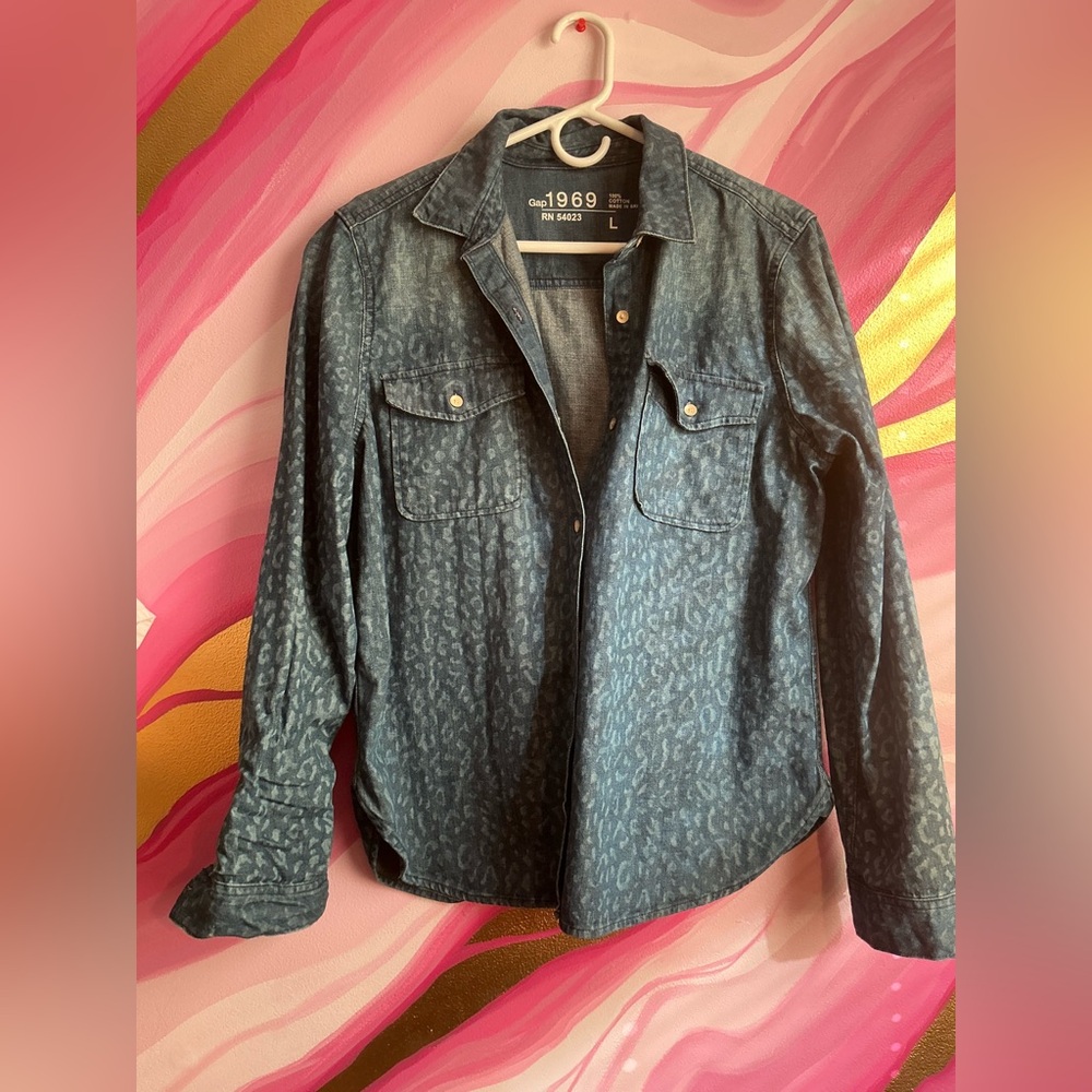 GAP 1969 Collection Distressed Blue Patterned Denim Shirt